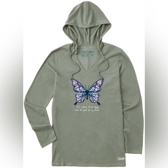 NWT Life is Good Butterfly Happy LS Hooded Crusher Lite Moss Green Size Medium - Picture 1 of 11